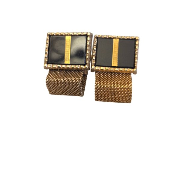 Vintage Gold Mesh Wrap Cufflinks Black Lucite Enamel Mid Century  1950s to 1970s - Picture 1 of 4